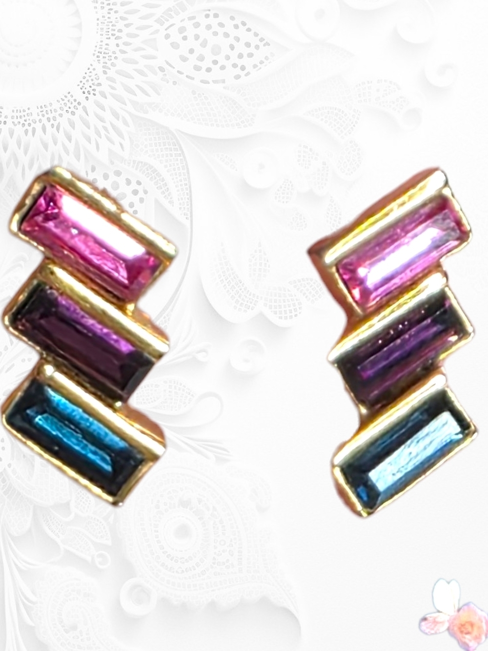 Roman Multicolor Baguette Stud Earrings - Pink, Purple & Blue Gold Tone
